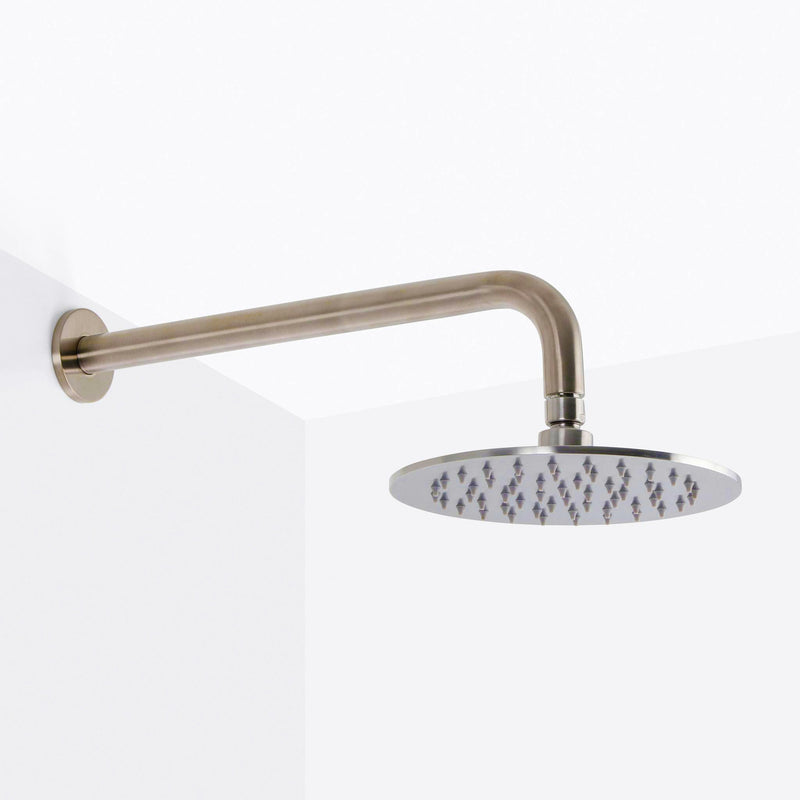 Metallic shower head with arm on a white background