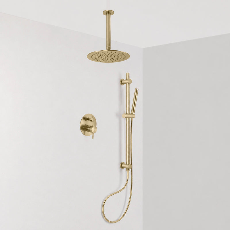Metro 2 Way Pressure Balance Complete Shower Set - Ceiling Mount - 12" Brass/Satin Brass