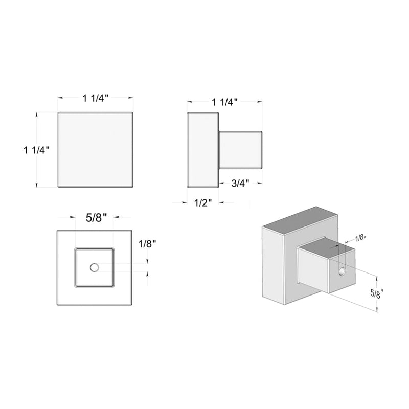 Square Cabinet Knob - Cabinet Mount - 2" Brass/Brushed Brass