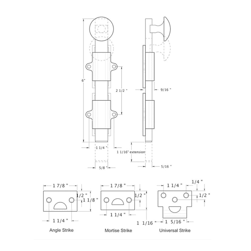 Surface Door Bolt - Door Mount - 6" Brass/Polished Chrome