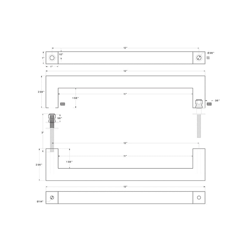 Square Door Pull Handle - Door Mount - 12" Stainless Steel/Brushed Stainless Steel