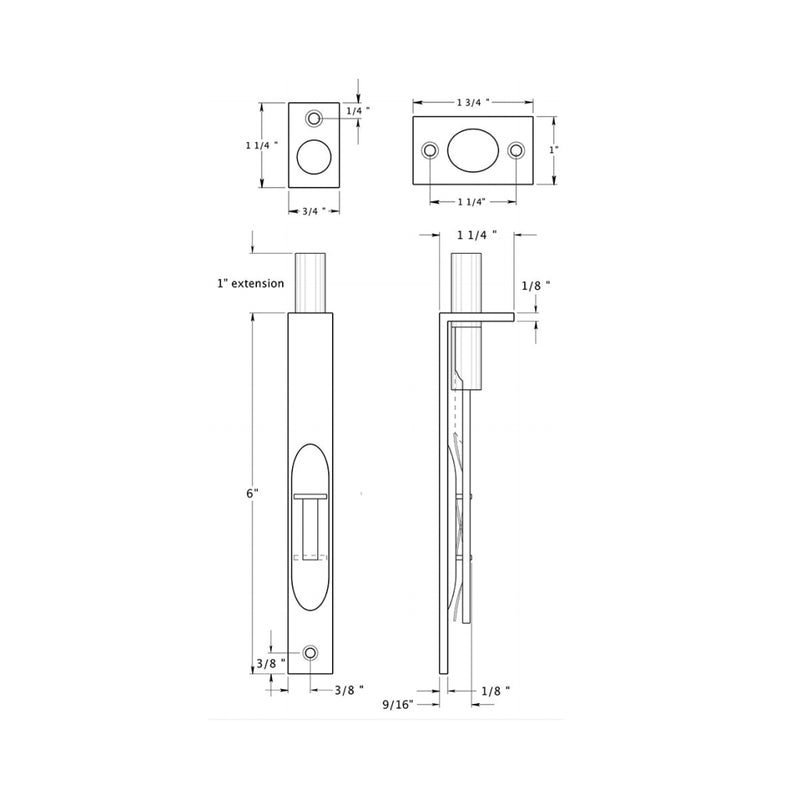 Universal Flush Bolt - Door Mount - 6" Brass/Brushed Nickel