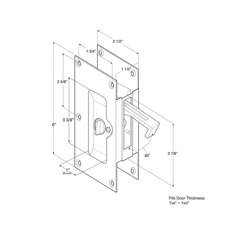 Decorative Privacy Pocket Door Lockset - Door Mount - 6" Brass/Polished Chrome