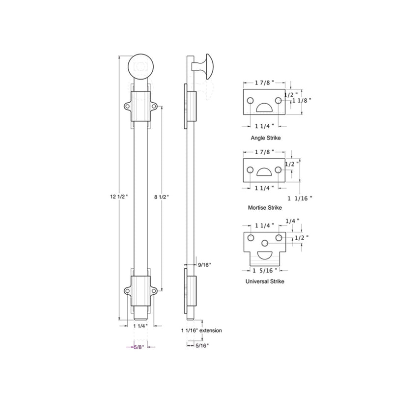Universal Surface Bolt - Door Mount - 12" Brass/Oil Rubbed Bronze