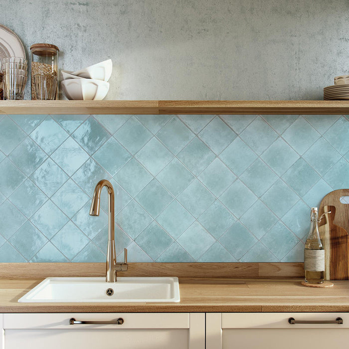 Agadir Floor Tile - Wall Or Floor Mount - 5.8 x 5.8" Porcelain/Gloss Light Blue - Piece : 0.23 SqFt = $ 7.00 /  Box: 10.23 Sqft = $ 72.00 - Pieces Per Box: 44 Units