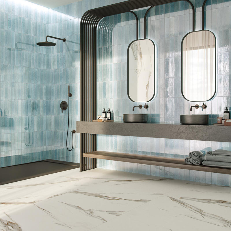 Agadir Floor Tile - Wall Or Floor Mount - 11 x 2.8" Porcelain/Gloss Light Blue