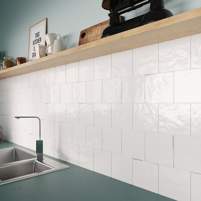 Agadir Mist Floor Tile - Wall Or Floor Mount - 5.8 x 5.8" Porcelain/Gloss White - Piece : 0.23 SqFt = $ 7.00 / Box: 10.23 Sqft = $ 72.00 - Pieces Per Box: 44 Units