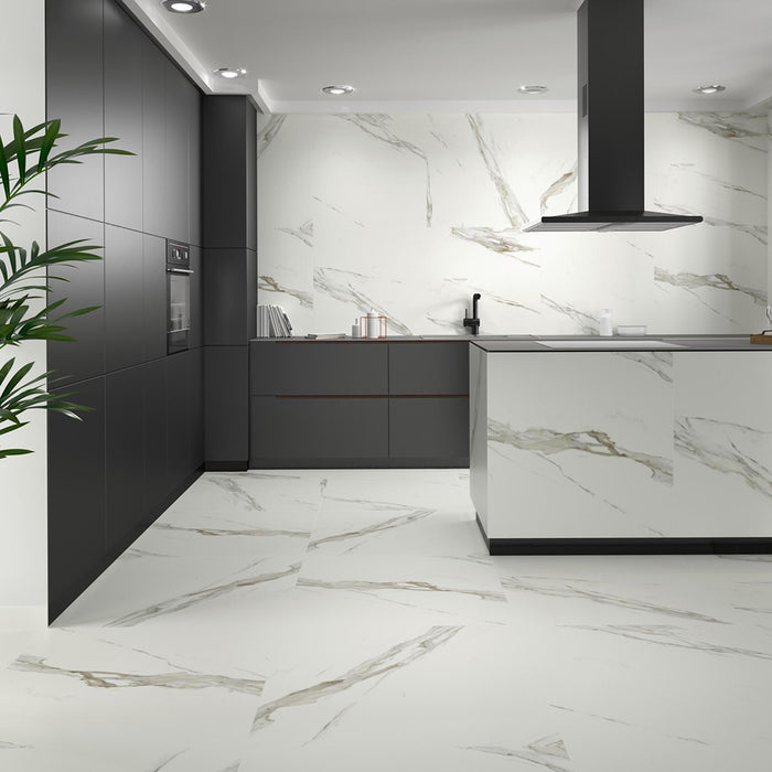 Calacatta Floor Tile - Wall Or Floor Mount - 35.4 x 35.4" Porcelain/Super White Satin - Piece : 8.72 SqFt = $ 7.36 / Box: 8.72 Sqft = $ 65.00 - Pieces Per Box: 1 Unit