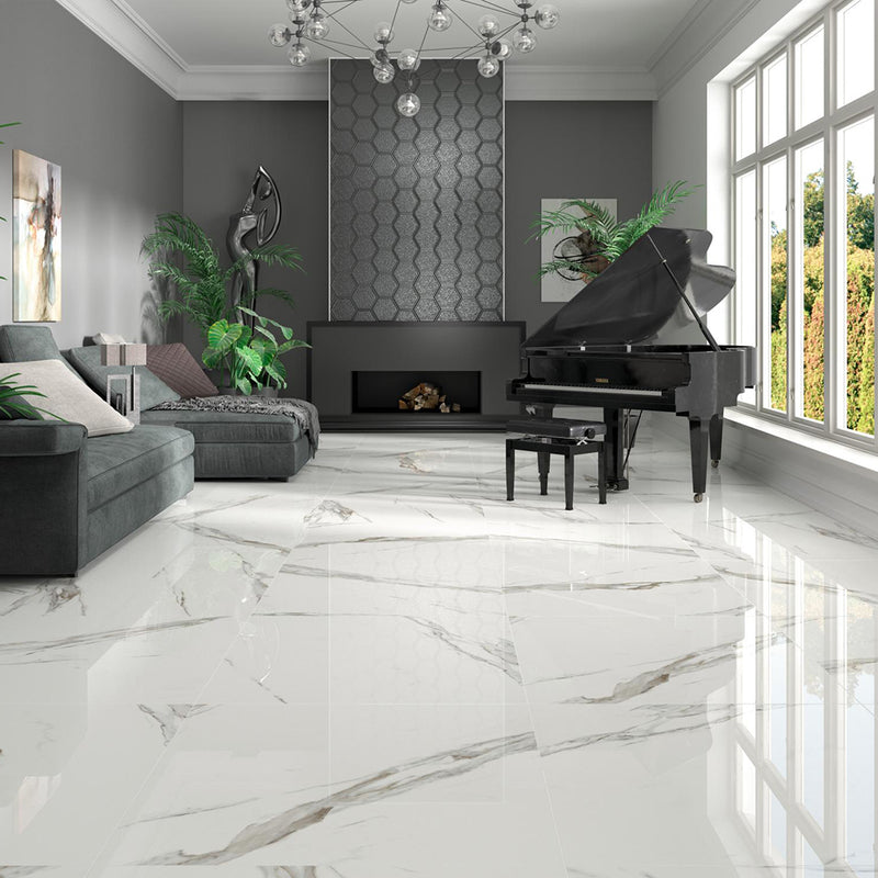 Calacatta Floor Tile - Wall Or Floor Mount - 35.4 x 35.4" Porcelain/Super White - Piece : 8.72 SqFt = $ 8.71 / Box: 8.72 Sqft = $ 76.00 - Pieces Per Box: 1 Unit