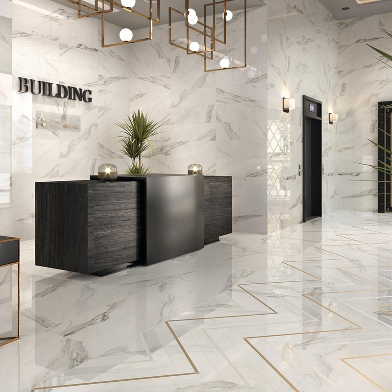 Calacatta Floor Tile - Wall Or Floor Mount - 23.6 x 47.2" Porcelain/Super White