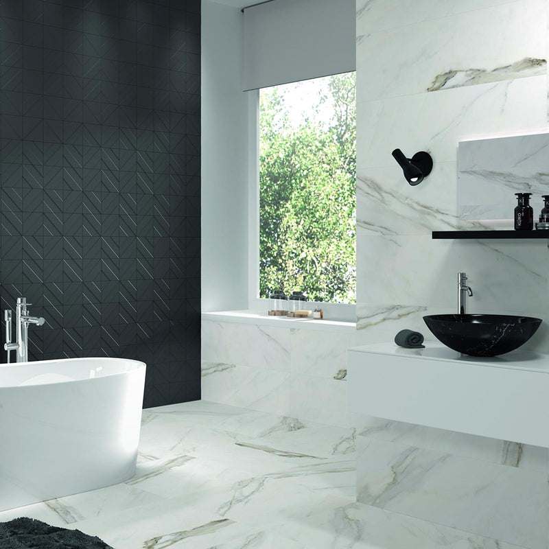 Calacatta Floor Tile - Wall Or Floor Mount - 23.6 x 23.6" Porcelain/Super White Satin