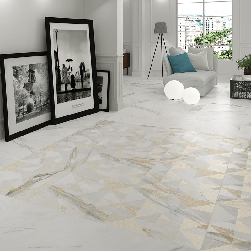 Calacatta Floor Tile - Wall Or Floor Mount - 23.6 x 23.6" Porcelain/Super White Satin