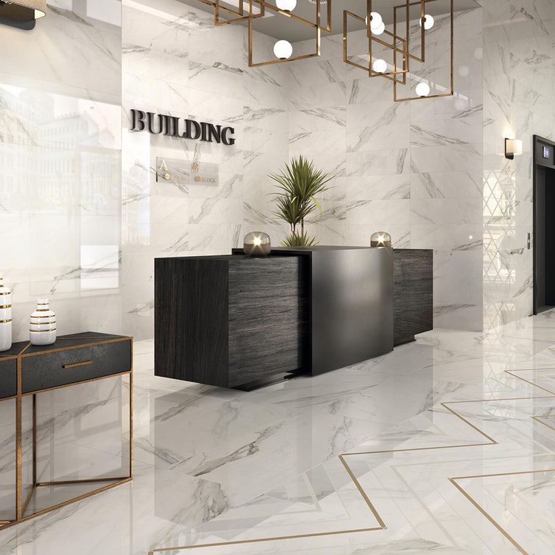 Calacatta Floor Tile - Wall Or Floor Mount - 23.6 x 23.6" Porcelain/Super White Satin