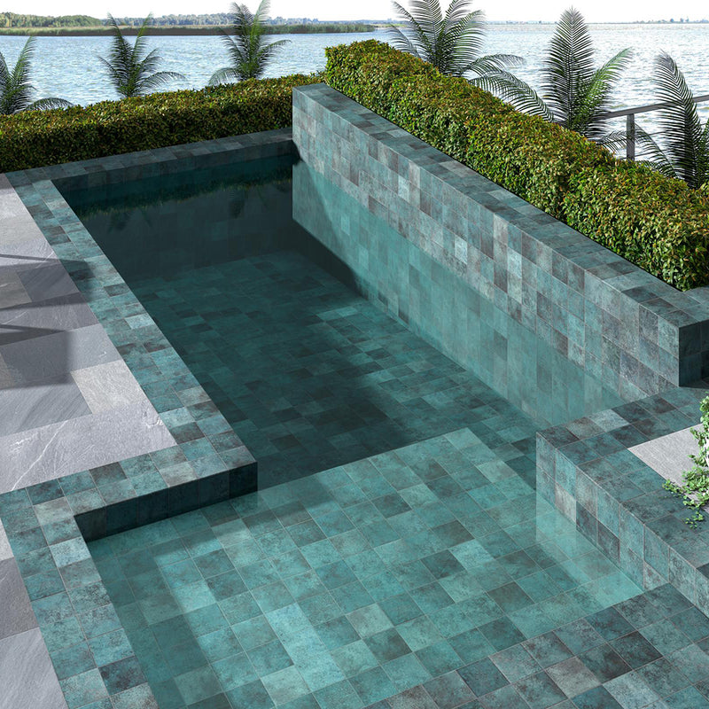 Tahiti Turquoise Floor Tile - Wall Or Floor Mount - 5.8 x 5.8" Porcelain/Gloss Blue