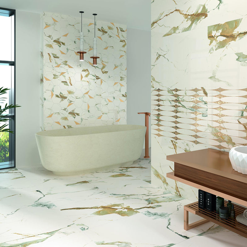 Theia Satin Floor Tile - Wall Or Floor Mount - 23.6 x 23.6" Porcelain/Marble