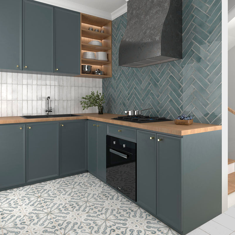 Atlantique Bleu Wall Tile - Wall Mount - 9.4 x 2.7" White Body/Gloss Dark Ocean