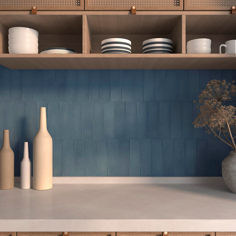 Milano Blu Wall Tile - Wall Mount - 9.4 x 2.7" White Body/Matt Deep Blue