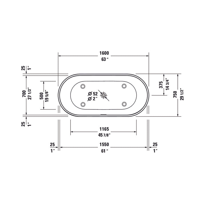 D-Neo Oval Bathtub - Free Standing - 63" Solid Surface/White