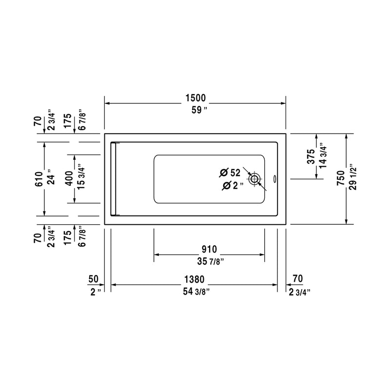 Starck Reversible Drain Bathtub - Drop-In - 59" Acrylic/Gloss White