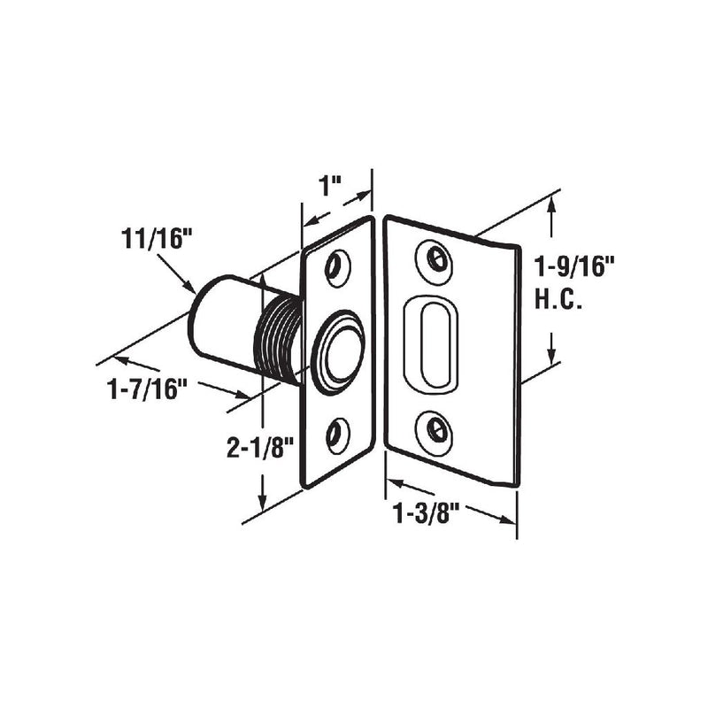 Square Ball Catch - Door Mount - 2" Brass/Tumbled White Bronze