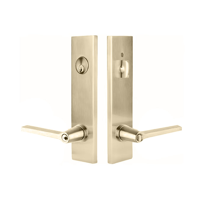 Modern Rectangular Helios Lever Two-Point Single Cylinder Left Door Entrance Set - Door Mount - 11" Brass/Satin Brass
