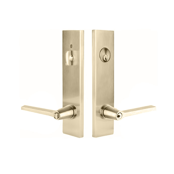 Modern Rectangular Helios Lever Two-Point Single Cylinder Right Door Entrance Set - Door Mount - 11" Brass/Satin Brass