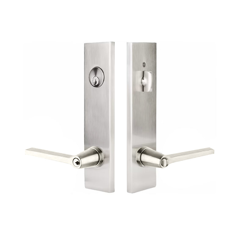 Modern Rectangular Helios Lever Two-Point Single Cylinder Left Door Entrance Set - Door Mount - 11" Brass/Polished Nickel