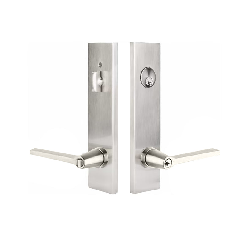 Modern Rectangular Helios Lever Two-Point Single Cylinder Right Door Entrance Set - Door Mount - 11" Brass/Satin Nickel
