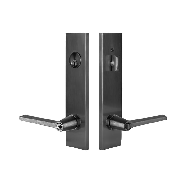 Modern Rectangular Helios Lever Two-Point Single Cylinder Left Door Entrance Set - Door Mount - 11" Brass/Flat Black