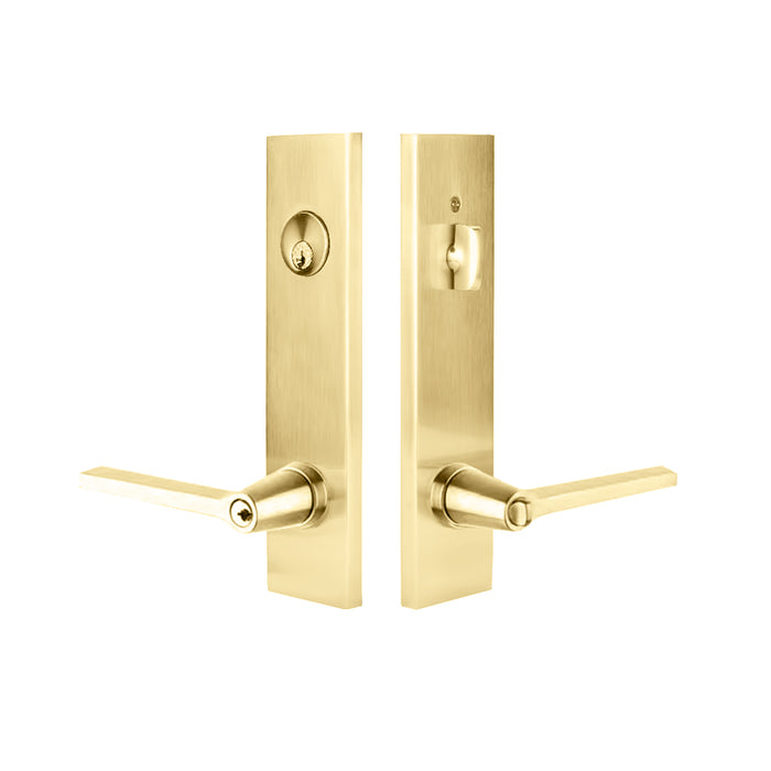 Modern Rectangular Helios Lever Two-Point Single Cylinder Left Door Entrance Set - Door Mount - 11" Brass/Unlacquered Brass