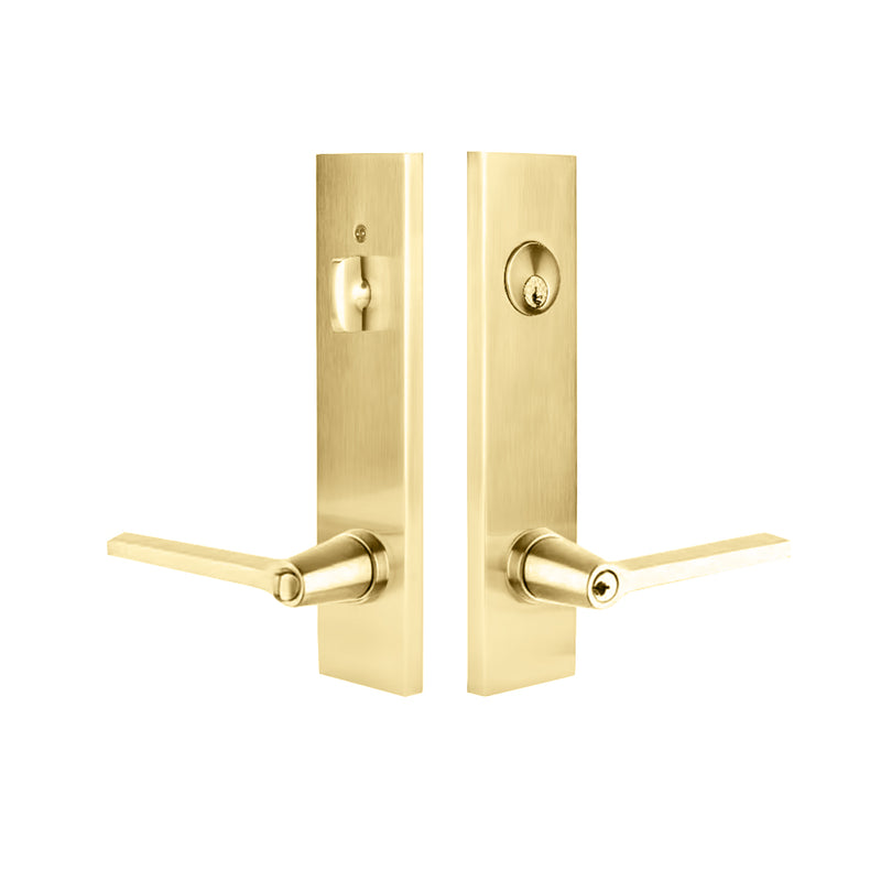 Modern Rectangular Helios Lever Two-Point Single Cylinder Right Door Entrance Set - Door Mount - 11" Brass/Unlacquered Brass