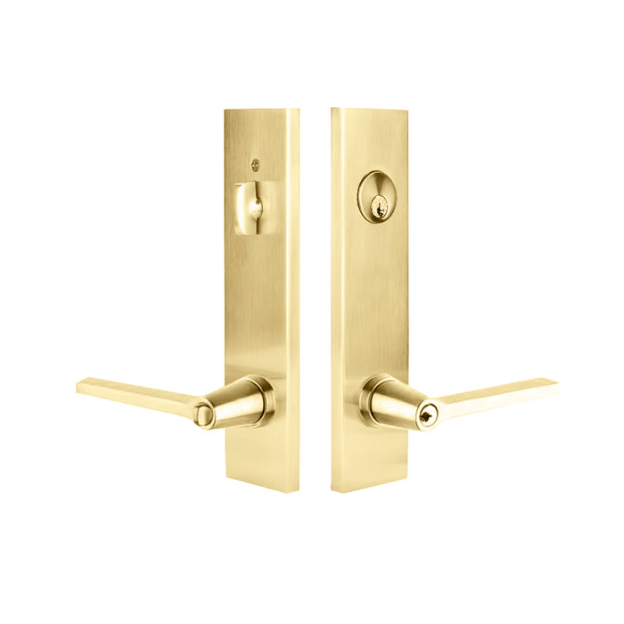 Modern Rectangular Helios Lever Two-Point Single Cylinder Right Door Entrance Set - Door Mount - 11" Brass/Unlacquered Brass