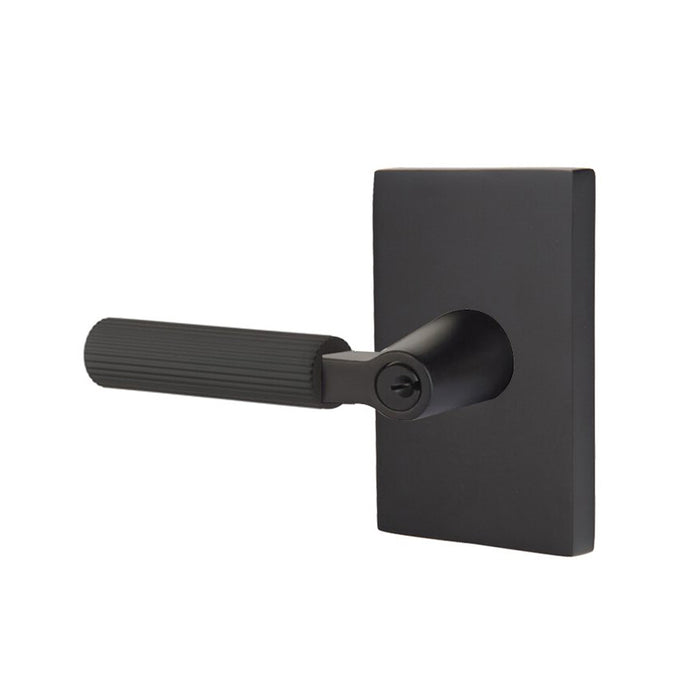 Select L-Square Modern Rectangular Rosette With Straight Knurled Lever Single Cylinder Left Door Keyed Leverset - Door Mount - 6" Brass/Flat Black