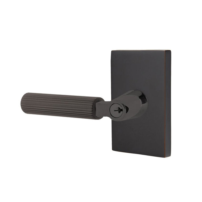 Select L-Square Modern Rectangular Rosette With Straight Knurled Lever Single Cylinder Left Door Keyed Leverset - Door Mount - 6" Brass/Oil Rubbed Bronze