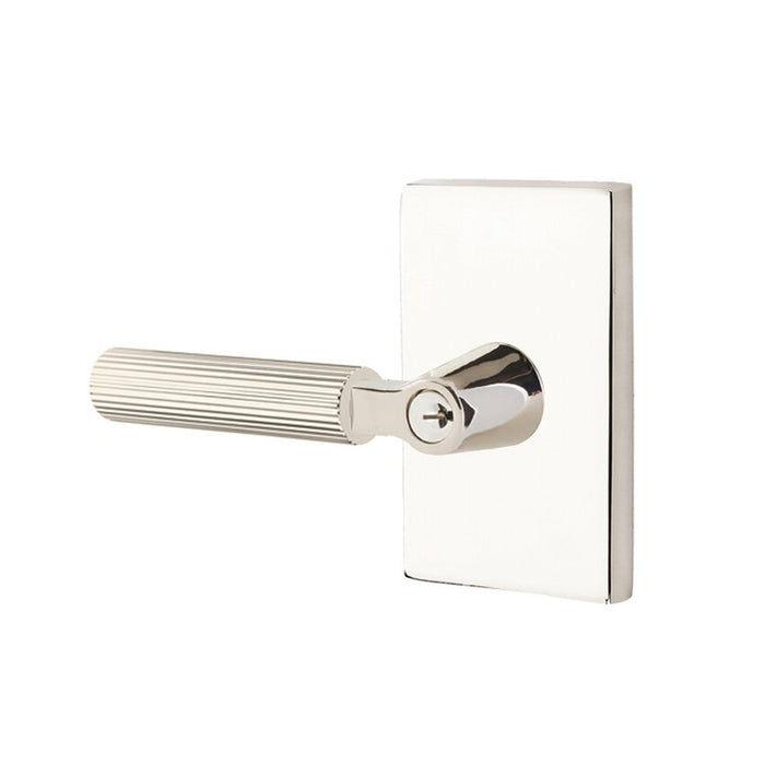 Select L-Square Modern Rectangular Rosette With Straight Knurled Lever Single Cylinder Left Door Keyed Leverset - Door Mount - 6" Brass/Polished Nickel