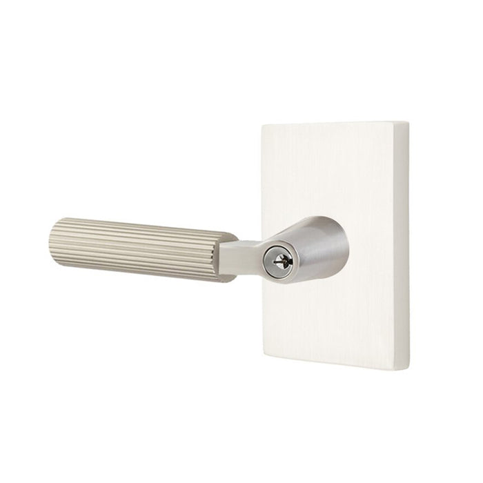 Select L-Square Modern Rectangular Rosette With Straight Knurled Lever Single Cylinder Left Door Keyed Leverset - Door Mount - 6" Brass/Satin Nickel