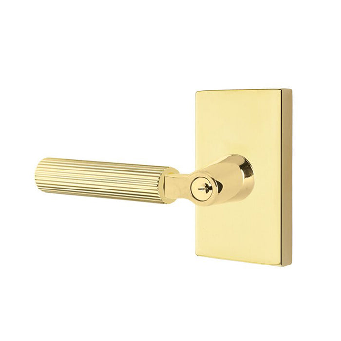 Select L-Square Modern Rectangular Rosette With Straight Knurled Lever Single Cylinder Left Door Keyed Leverset - Door Mount - 6" Brass/Unlacquered Brass