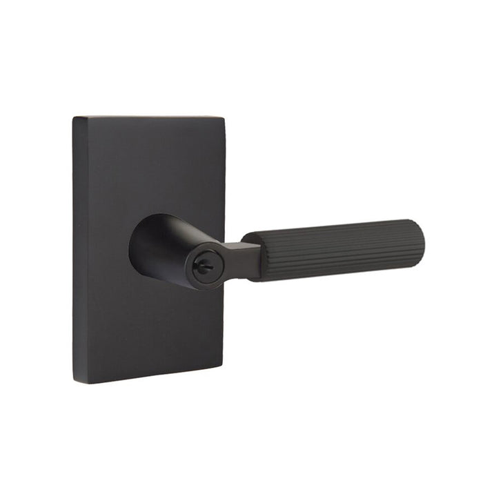 Select L-Square Modern Rectangular Rosette With Straight Knurled Lever Single Cylinder Right Door Keyed Leverset - Door Mount - 6" Brass/Flat Black