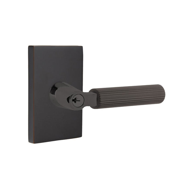 Select L-Square Modern Rectangular Rosette With Straight Knurled Lever Single Cylinder Right Door Keyed Leverset - Door Mount - 6" Brass/Oil Rubbed Bronze