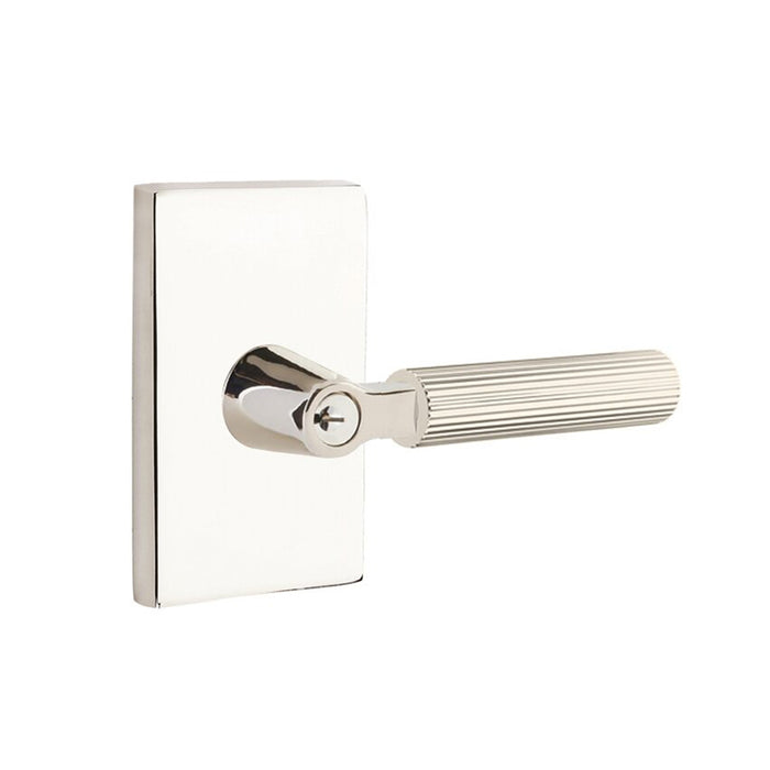 Select L-Square Modern Rectangular Rosette With Straight Knurled Lever Single Cylinder Right Door Keyed Leverset - Door Mount - 6" Brass/Polished Nickel