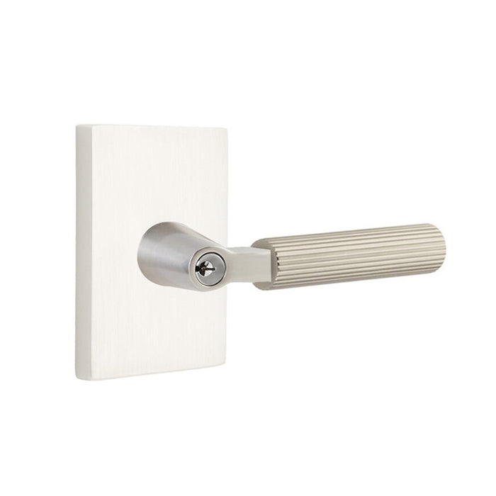 Select L-Square Modern Rectangular Rosette With Straight Knurled Lever Single Cylinder Right Door Keyed Leverset - Door Mount - 6" Brass/Satin Nickel