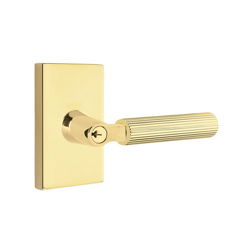 Select L-Square Modern Rectangular Rosette With Straight Knurled Lever Single Cylinder Right Door Keyed Leverset - Door Mount - 6" Brass/Unlacquered Brass