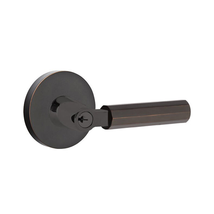 Select L-Square Disk Rosette With Faceted Lever Single Cylinder Right Door Keyed Leverset - Door Mount - 6" Brass/Oil Rubbed Bronze