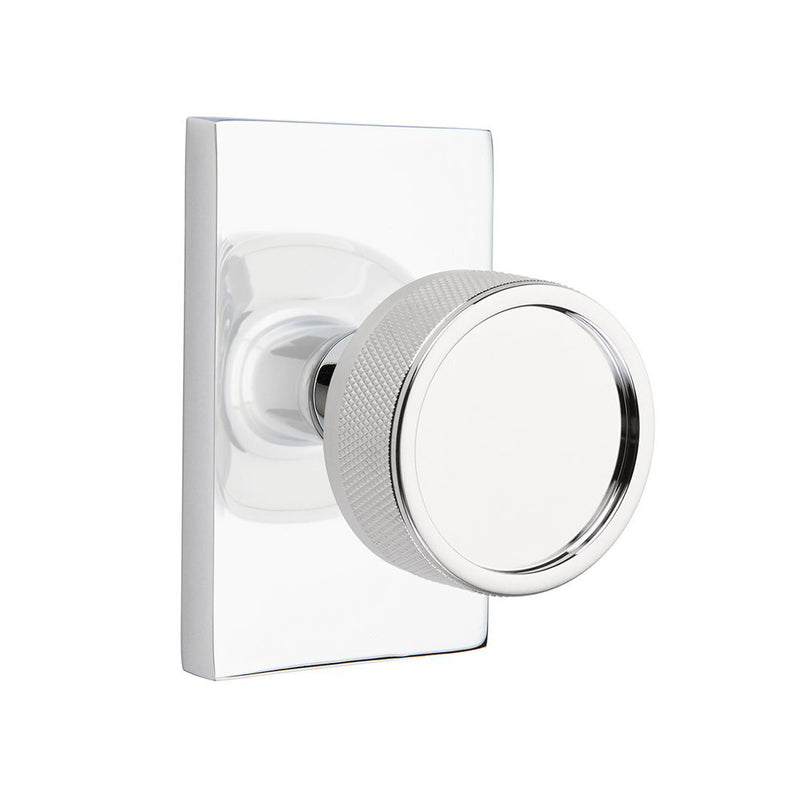 Modern Rectangular Knurled Conical Concealed Privacy Door Knob - Door Mount - 3" Brass/Polished Chrome