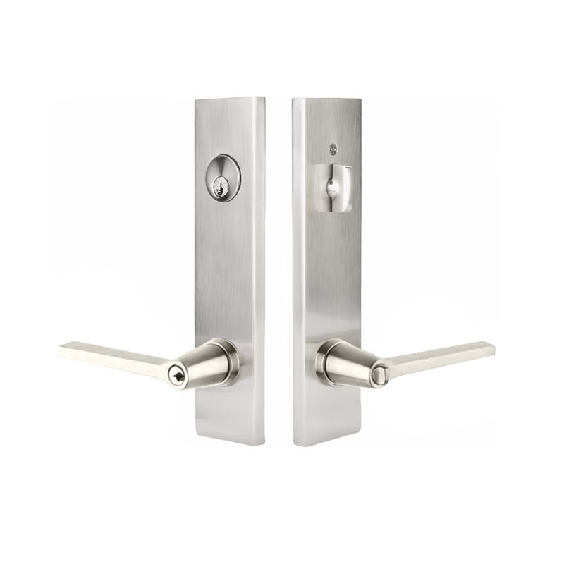 Modern Rectangular Helios Lever Two-Point Single Cylinder Left Door Entrance Set - Door Mount - 11" Brass/Satin Nickel