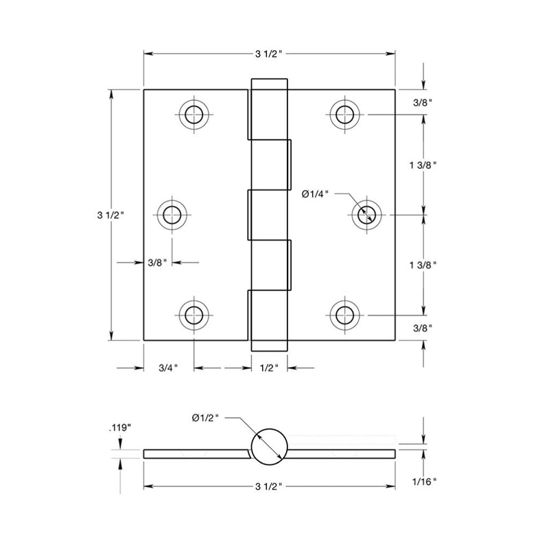 Square Corners Heavy Duty Plain Bearing Hinge - Door Mount - 3" Brass/Unlacquered Brass