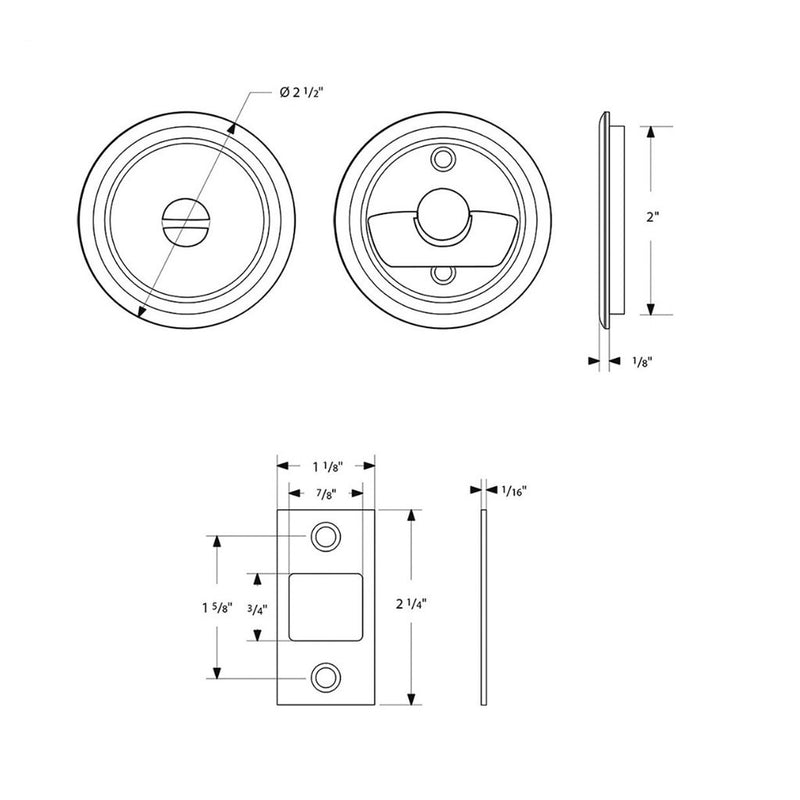 Round Tubular Privacy Pocket Door Lockset - Door Mount - 3" Brass/Satin Nickel