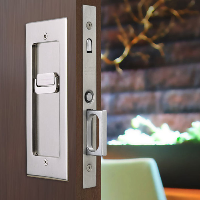 Modern Rectangular Privacy Mortise Pocket Door Lockset - Door Mount - 8" Brass/Satin Nickel