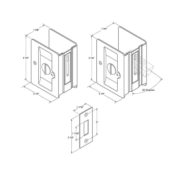 Standard Square Privacy Pocket Door Lockset - Door Mount - 4" Brass/Polished Chrome