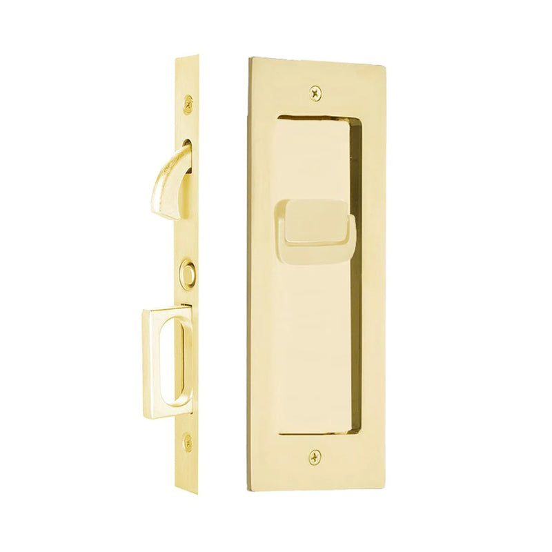 Modern Rectangular Privacy Mortise Pocket Door Lockset - Door Mount - 8" Brass/Polished Brass